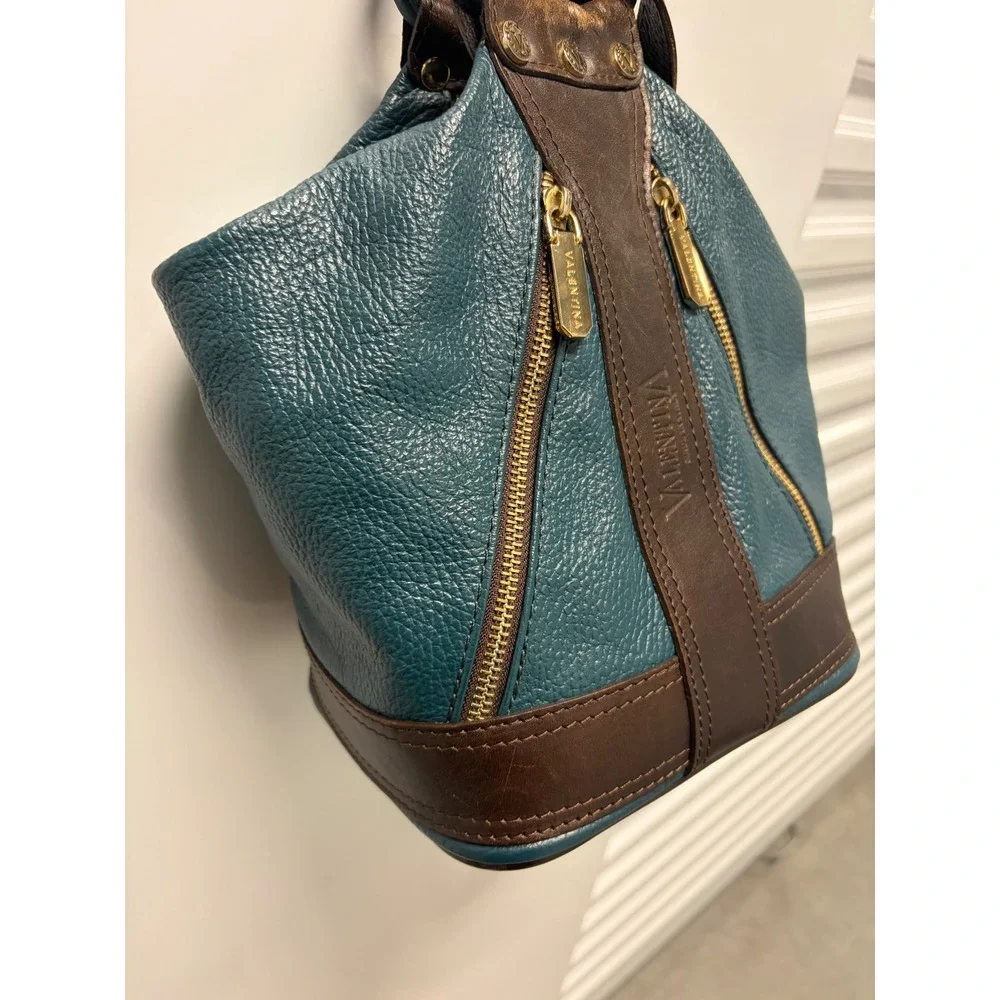 Vintage Valentina Pebble Leather Convertible Teal Brown Made in Italy Good